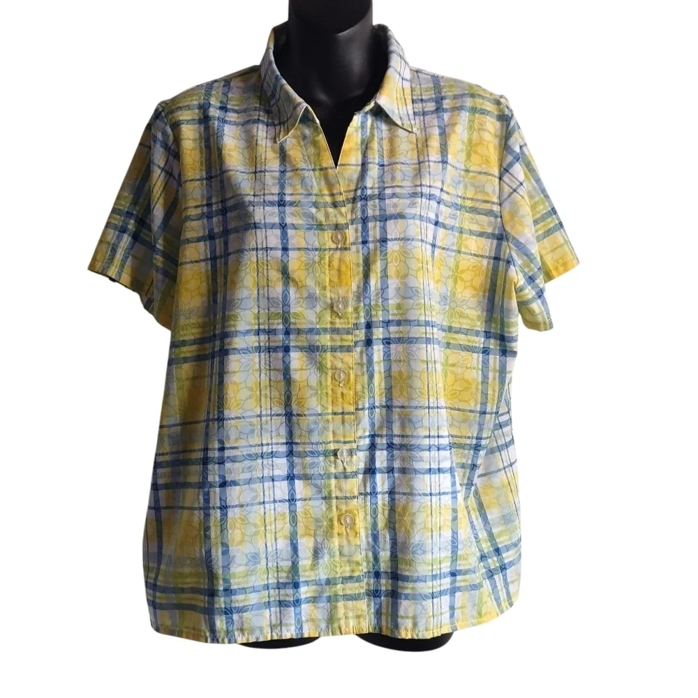Alfred Dunner Blouse Womens Multicolor Plaid Floral Button Up Shortsleeve Sz 16P